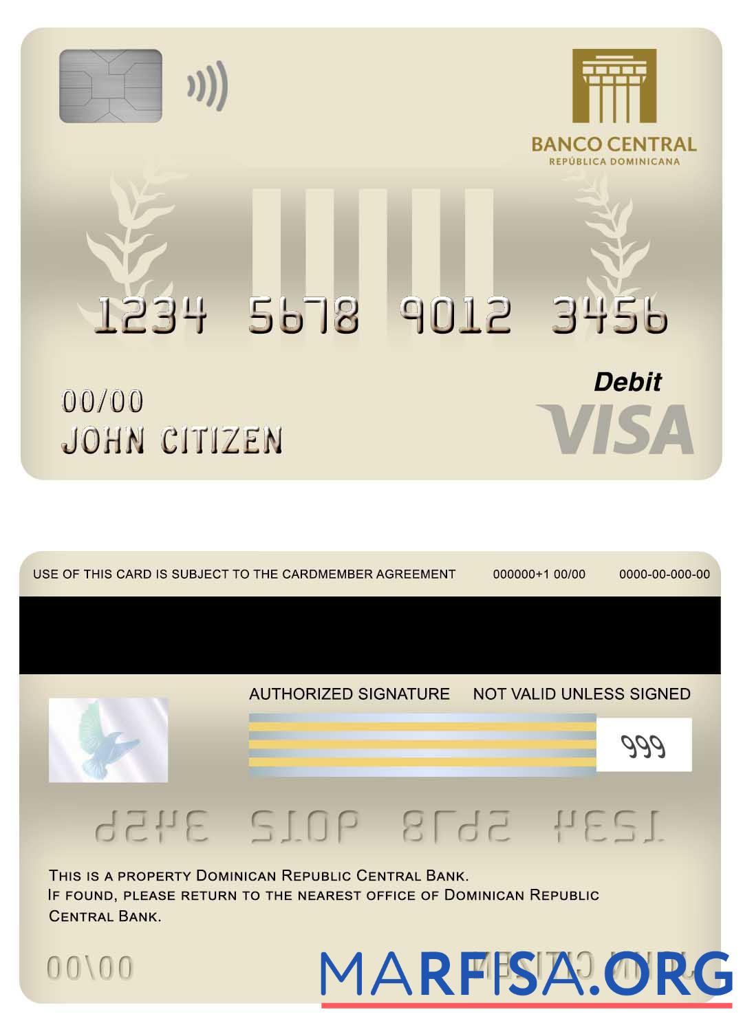 Printable Dominican Republic Central bank visa debit card download for verification